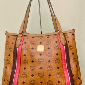 MCM Brown Tote with Red Accents